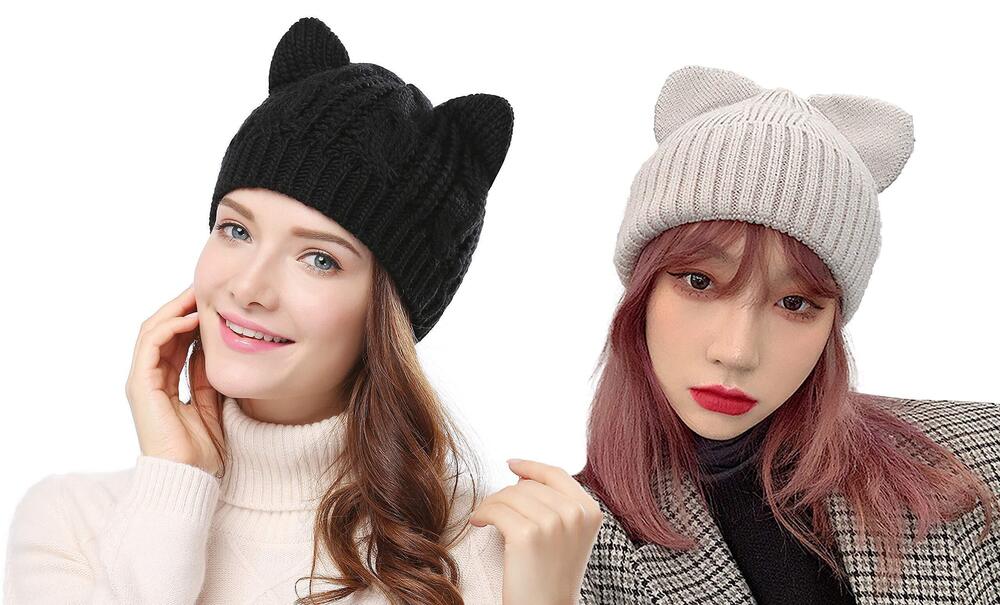 5020 2Pcs Hat Cat Ear Crochet Braided Knit Caps